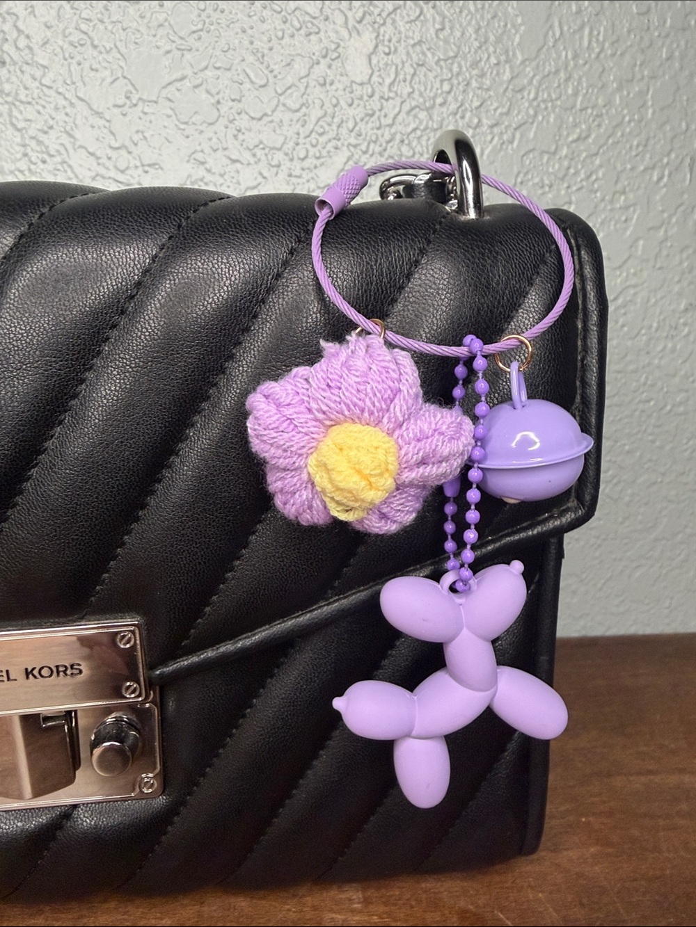 Balloon Dog Purple Bag Charm with flower and bell